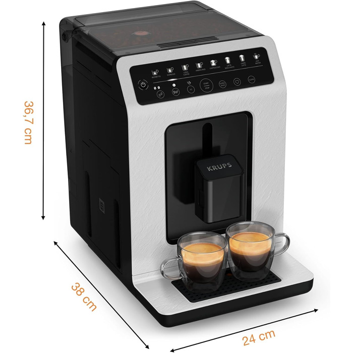 Повністю автоматична кавоварка Krups Evidence ECOdesign з молочною трубкою, 8 напоїв, функція 2 чашки, перероблений матеріал, кавоварка, білий/сланець, EA897A10 білий / грифельний вигляд