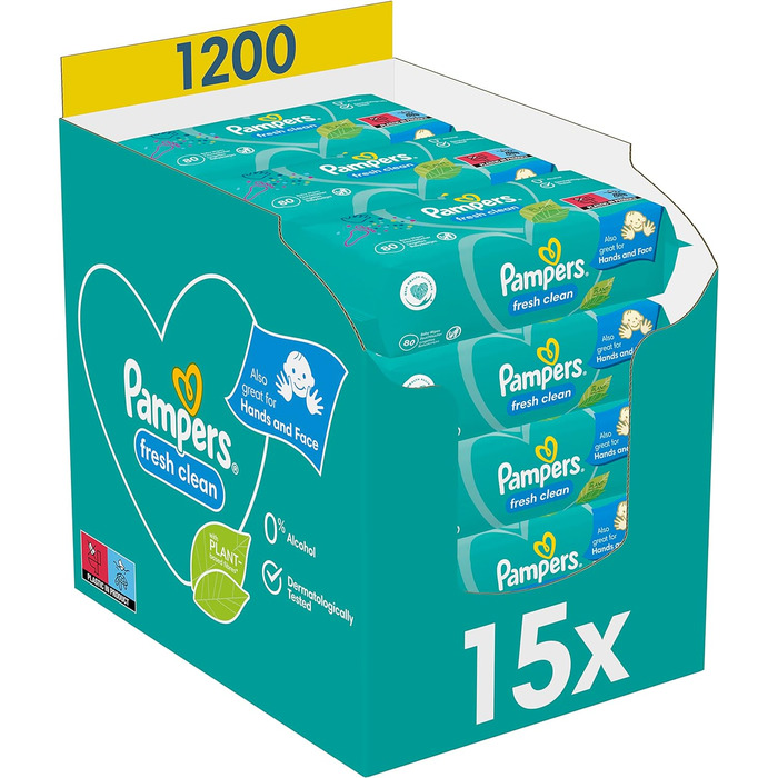 Дитячі вологі серветки Pampers Fresh Clean, м'який аромат, також підходять для рук та обличчя, 1200 серветок, (упаковка з 15 шт. )