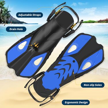 Комплект для дорослого підводного плавання з ластами, маска для дайвінгу на все обличчя, захист від запотівання, поле зору 180 та кріплення для камери, регульовані ласти з чохлом, для підводного плавання та дайвінгу, синій, розмір S/M