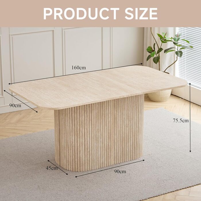 Сучасний обідній стіл на 4-6 осіб, прямокутний кухонний стіл 160 см (травертин) з важкою основою-тумбою для вітальні, кухні, квартири, жовтий