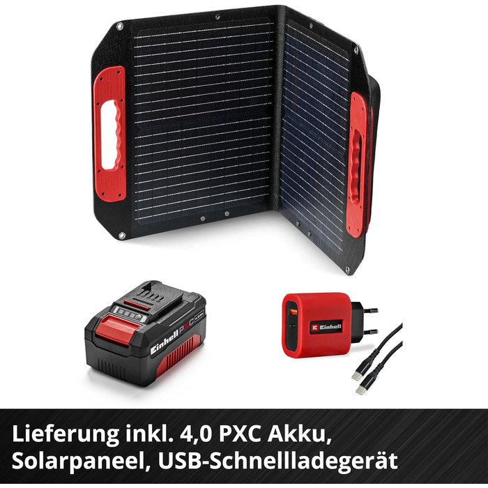 Акумуляторна енергостанція Einhell TE-ES 18/150/1 Li-C PXC (18 В, інвертор, роз'єми 230 В та 12 В, USB-A та USB-C PD, функція зарядки, в комплекті акумулятор PXC 4.0 Аг, сонячна панель, швидкий USB-зарядний пристрій)