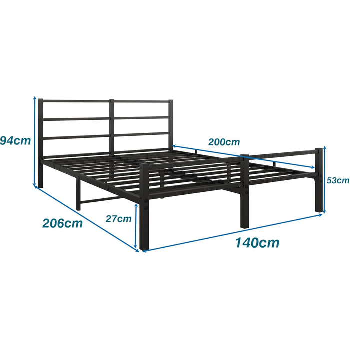 Металеве ліжко 140x200 см з каркасом ліжка з узголів&39ям та узніжжям, ліжко для дорослих, гостьове ліжко, двоспальне ліжко, чорне 140 x 200 см