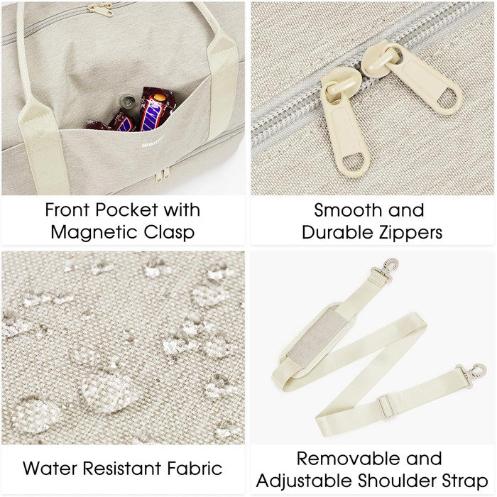 Сумка для ручної поклажі WANDF для авіакомпаній Easyjet 45 x 36 x 20 см, дорожня сумка під сидінням із портом зарядки USB, кишенею для вологи та відділенням для взуття, сумка на вихідні для чоловіків та жінок (бежевий)