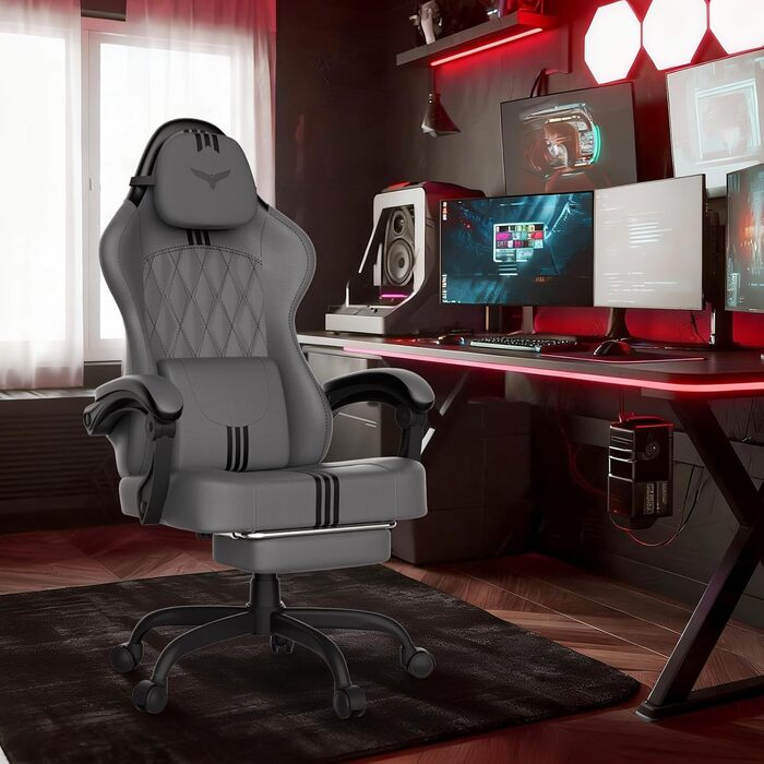 Ергономічне ігрове крісло Verdego з функцією масажу, підголівником та підставкою для ніг, штучна шкіра, регульована спинка 90-145, регульована висота 10 см, ігрове крісло, сіро-чорна штучна шкіра