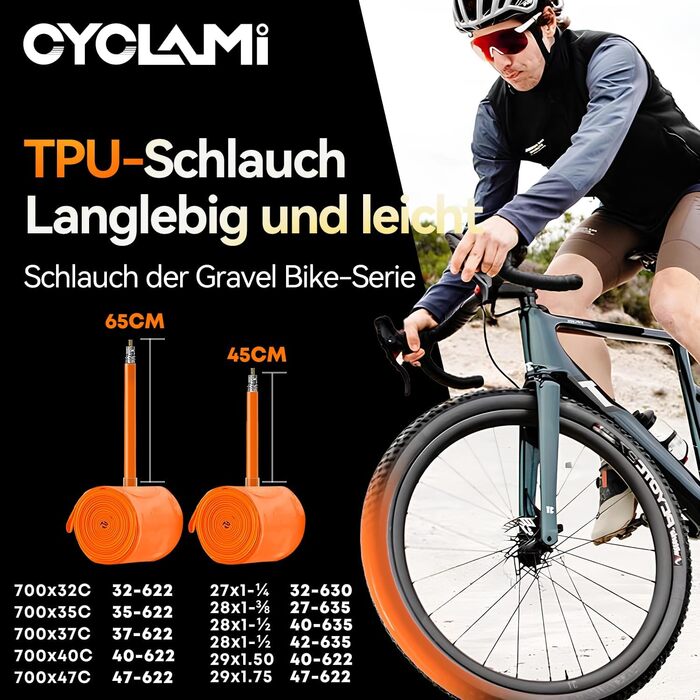 Велосипедна камера CYCLAMI TPU для Gravel та MTB (700x32-47c) для шосейних велосипедів, гравійних велосипедів, 46 г, надлегка
