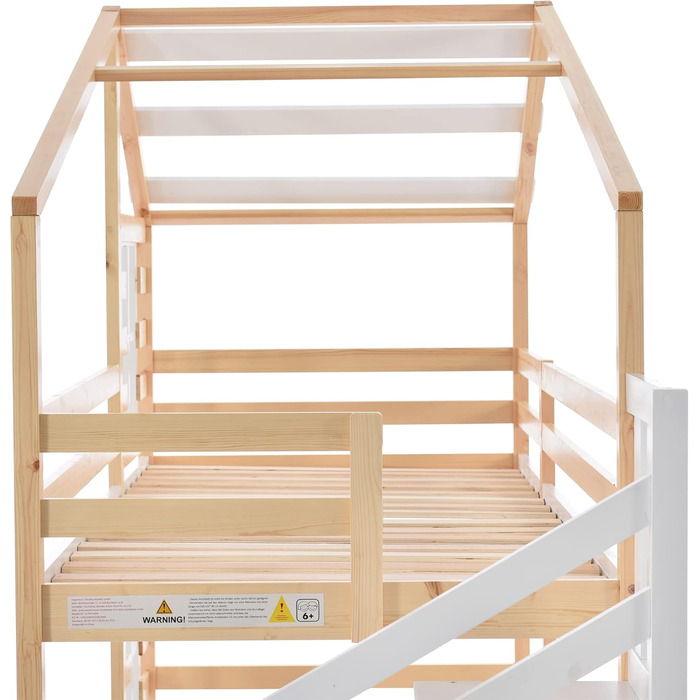 Дитяче двоярусне ліжко LATICO з шухлядою та поручнями, соснове ліжко-будиночок для дітей з драбиною, 2 рейкові основи, натуральний та білий - 244,5 x 96 x 193 см (Ш/В/Г), матрац не входить до комплекту, натуральний колір з шафками