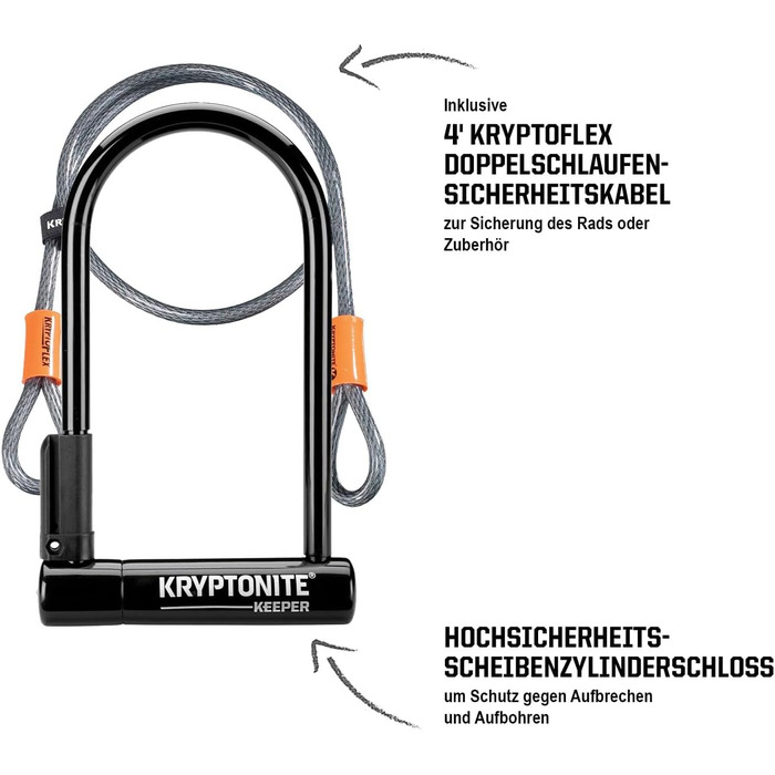 Стандартний U-подібний замок Kryptonite Keeper - клас безпеки 5/10, міцний протиугінний велосипедний замок з петлевим кабелем 120 см, кронштейном для перенесення та 2 ключами - 10,2 см x 20,3 см KEEPER 12 STD з гнучким шнуром 4&39