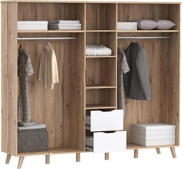 Гардероб Forte VANKKA 230, шафа в скандинавському стилі з 5 дверима на петлях та 2 шухлядами, витончені меблеві ніжки, інженерна деревина, декор дубовими дошками Білий, 228,8 см завширшки x 201,5 см заввишки x 52,7 см завглибшки. Біло-дубова 5-дверна шафа