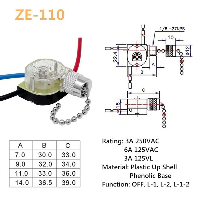 Перемикач світла для стельового вентилятора ZE-110 Перемикач вентилятора 3-позиційний перемикач швидкості вентилятора Стельовий вимикач з тяговим ланцюгом (нікель), 3 Pack