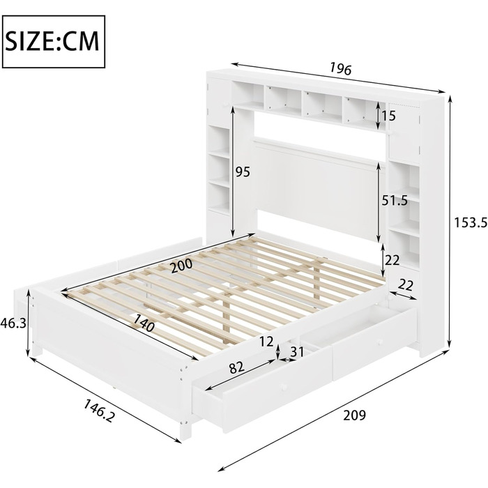 Настінне ліжко 140x200, настінне ліжко з рейковою основою, ліжко-мерфі з 4 шухлядами та великою шафою для зберігання, ліжко з масиву дерева, двоспальне ліжко, каркас ліжка (білий) A-white