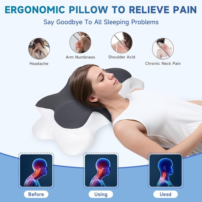 Подушка для шиї, ергономічна подушка з двома висотами, подушка з піни з ефектом пам&39яті, подушка для сну на боці з дихаючою наволочкою, подушка-метелик для сну на боці, на спині та на животі