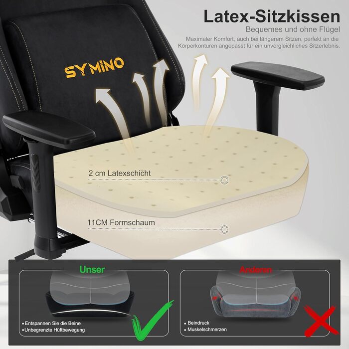 Ігрове крісло Symino з латексною подушкою сидіння, вантажопідйомність 300 кг, ергономічне комп&39ютерне крісло з поперековою опорою та підголівником з піни з ефектом пам&39яті, дихаюче офісне крісло зі штучної замші, чорне