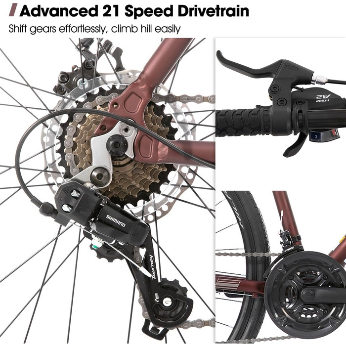 Шосейний велосипед Hiland 28 дюймів, 21 передача, міський велосипед для чоловіків з дисковими гальмами, рама 530 мм, комфортний шосейний велосипед, колеса 700C, чорний/червоний/срібний, розмір M