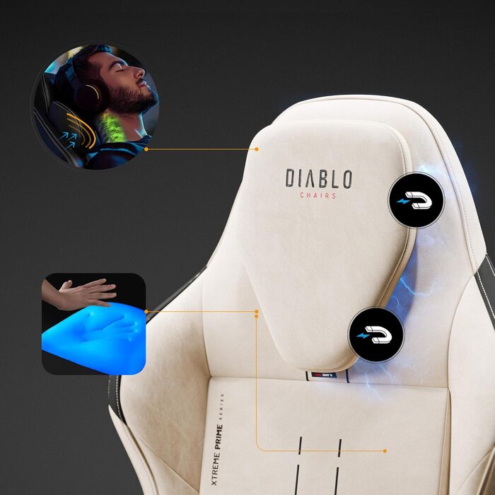 Ігрове крісло Diablo Fabric, ергономічне, з магнітним підголівником та охолоджуваним сидінням, міцна металева основа, регульовані по висоті підлокітники, ПК-крісло, ігрове крісло, 140 кг, Шторм у пустелі