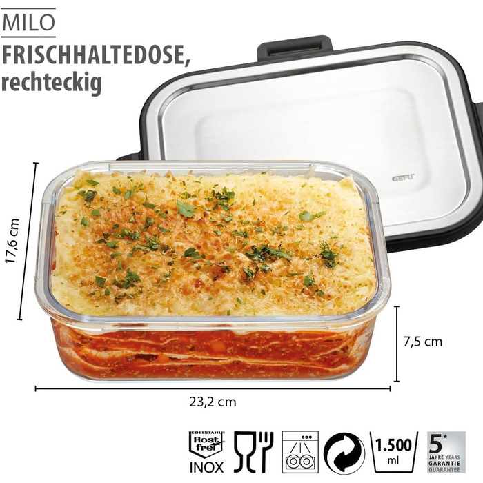Контейнер для зберігання продуктів GEFU MILO - Розумний ланчбокс із моніторингом свіжості та споживання через додаток, Скло із силіконовою пломбою та застібкою Click, Контейнер для продуктів, Контейнер Tupperware, 1500 мл, Прямокутний, Чорний/Срібний