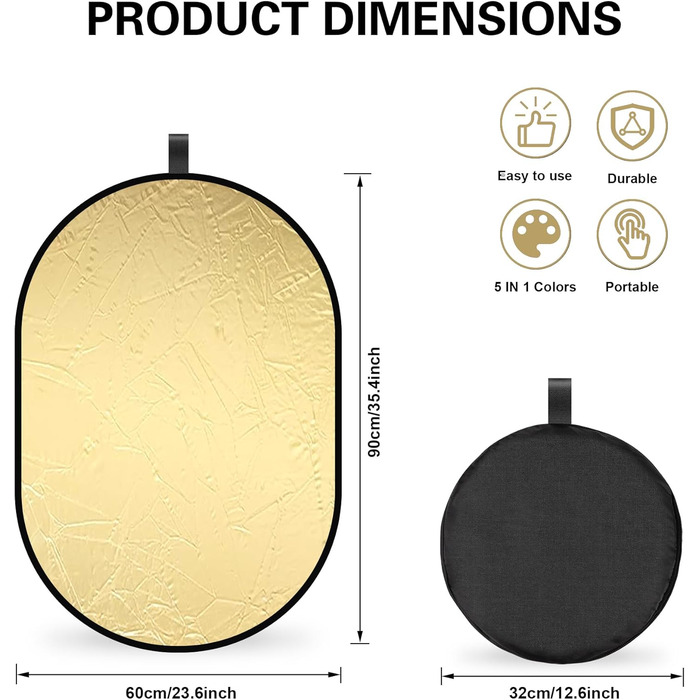 Відбивач світла 5 в 1 Фоторефлектор 60x90см Овальний розсіювач для фотографії Складаний рефлектор для портретної фотографії Селфі Весільна фотографія Зовнішнє освітлення 60x90см Напівпрозорий/Сріблястий/Золотий/Білий/Чорний