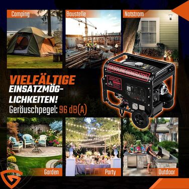 Тактний бензиновий генератор, електричний стартер 5000 Вт, аварійний генератор 12 к.с. з автоматичним регулюванням напруги (ARV), 2 розетки 230 В, 1 розетка 12 В, бак 15 л, 50 Гц, CE, портативний на колесах, для кемпінгу, будівельних майданчиків та дому, 