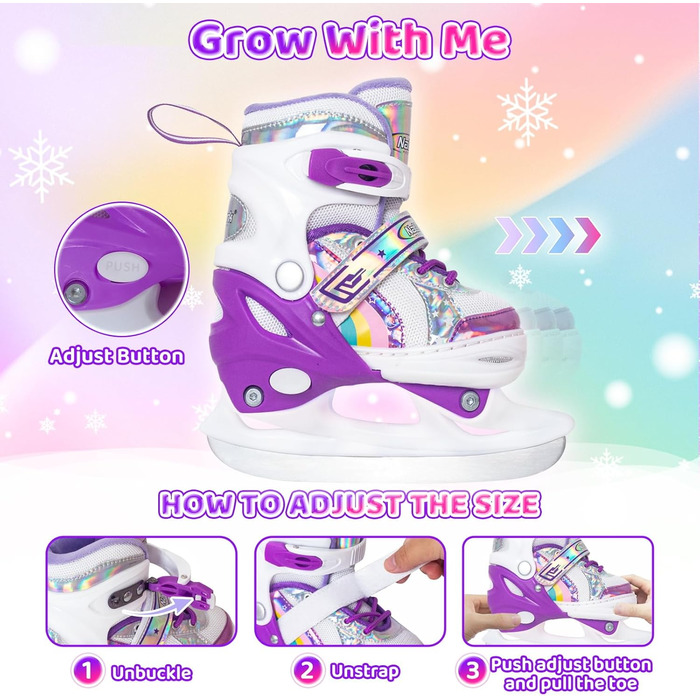 Дитячі ковзани Nattork для дівчаток, регульовані у 4 напрямках, ковзани-метелики з флісовою підкладкою для вулиці та ковзанки, райдужно-фіолетові XS (EU 22-26)