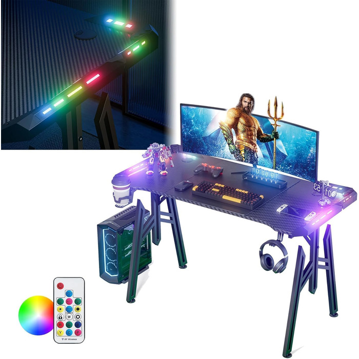 Ігровий комп&39ютерний стіл зі світлодіодним підсвічуванням 160x60 см, чорний, ПК-стіл з підставкою для чашок та гачком для навушників, ергономічний ігровий стіл M-подібної форми, ігровий стіл з вуглецевим волокном для спальні/кабінету, 160x60x73 см