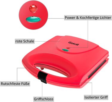 Тостер для сендвічів Gotoll Panini Grill 750 Вт, тостер для сендвічів і паніні з антипригарними пластинами, Panini Maker Easy Cleaning, Тарілчастий гриль тостер, червоний