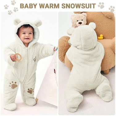 Зимові комбінезони JiAmy Baby Snowsuits з капюшоном, флісові комбінезони для дівчаток та хлопчиків - Теплі речі - Розмір 3-6 місяців (66 см), Білі ()