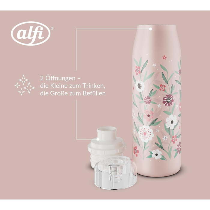 Дитяча пляшка alfi KIDS ISO 500 мл, пастельно-рожева, ізольована дитяча пляшка для пиття, нержавіюча сталь, повністю герметична з кришкою, що закручується, зберігає напої гарячими 12 годин, холодними 24 години, підходить для газованих напоїв, без BPA, кві
