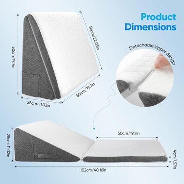 Клиноподібна подушка для ліжка та дивана, Д50xШ50xВ26. Подвійна подушка для читання з чохлом, який можна прати, з піни з ефектом пам&39яті, від хропіння та для більшого комфорту в області шиї та спини.