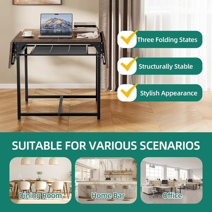 Розкладний обідній стіл YITAHOME, розсувний відкидний стіл з тримачем для зберігання та 4 регульованими ніжками, для 2-6 осіб, 120 x 78 x 75 см, рустикальний коричневий та чорний