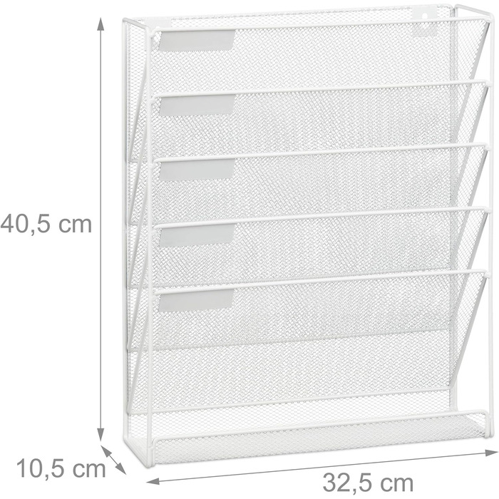 Тримач для журналів настінний, формат A4 альбомна, 5 відділень, металевий, лоток для документів ВхШхГ 40,5 x 32,5 x 10,5 см, білий