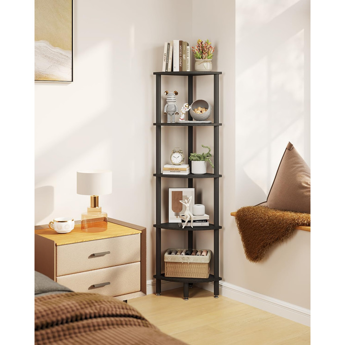 Ярусна кутова полиця, промислова кутова вітрина, кутова книжкова полиця для вітальні, спальні, кухні, домашнього офісу, чорна WBC010B Schwarz 30 см x 30 см x 133,5 см, 5-