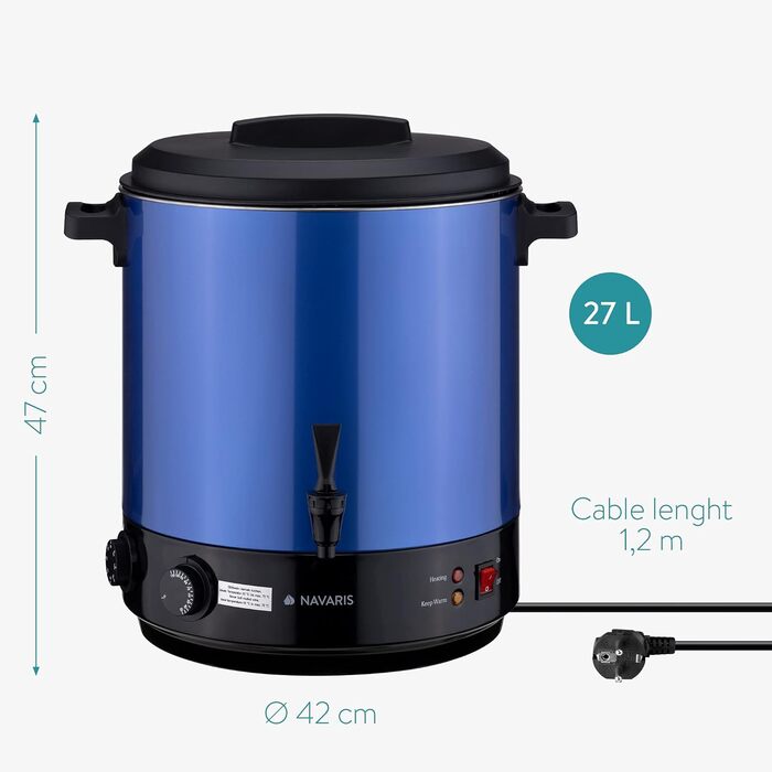 Машина для консервації Navaris 2в1 з функцією глінтвейну - Таймер на 27 літрів до 120 хв Термостат Кран - Каструля для консервації також для гарячих напоїв, виготовлена з нержавіючої сталі, синього кольору