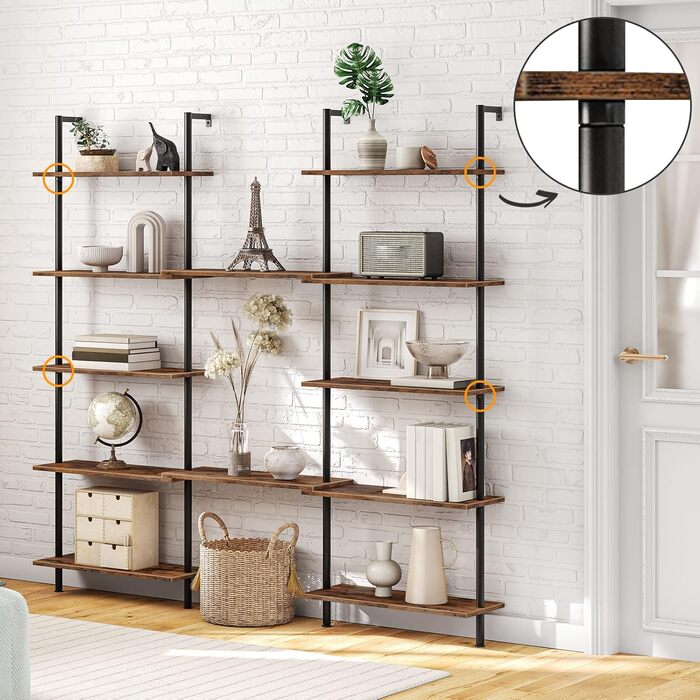 Рівнева книжкова полиця HOOBRO своїми руками, промислова драбина, полиця з ДСП, вертикальна полиця зі стабілізуючою металевою рамою, для домашнього офісу, вітальні, темно-коричневий EBF65CJ01 60 x 24 x 200,5 см темно-коричневий чорний, 6-