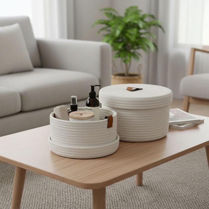 Кошики для зберігання з кришками, плетені кошики з бавовняних ниток з ручками, декоративні кошики, що миються, багатофункціональний органайзер для полиць, вітальня та ванна кімната (білий), 2