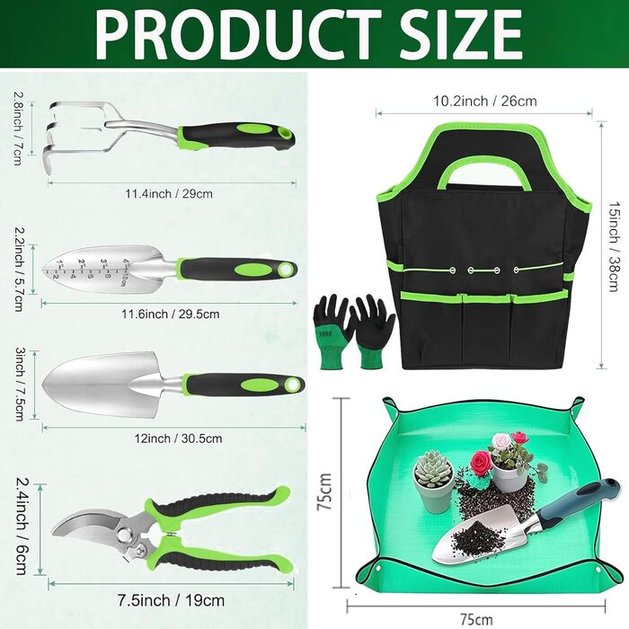 Набір садових інструментів Gartenwerkzeug, 7 предметів. Легкий набір ручних інструментів з алюмінієвого сплаву з антикорозійним покриттям, чудовий подарунок. У комплекті міцний чохол для зберігання та ергономічні ручки з протиковзким покриттям (Зелений)