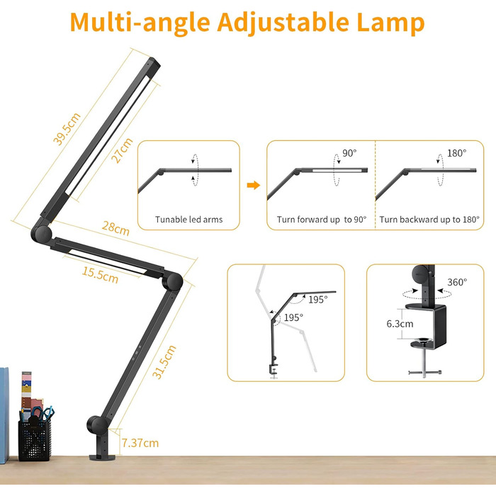 Настільна лампа EppieBasic Світлодіодна затискна, світлодіодна настільна лампа з подвійним світлом з можливістю затемнення, лампа денного світла Настільна лампа для домашнього офісу 4-колірні режими Поворотний монітор для офісу, читання, роботи, 12 Вт
