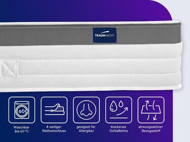 Матрац Traumnacht Premium 7-Zone 500 з пружинами Pocket Spring, рівень жорсткості 4 (H4), 90 x 200 см, сертифікований ko-Tex, виготовлений відповідно до німецьких стандартів якості, рівень жорсткості 4 - жорсткий, 90 x 200 см