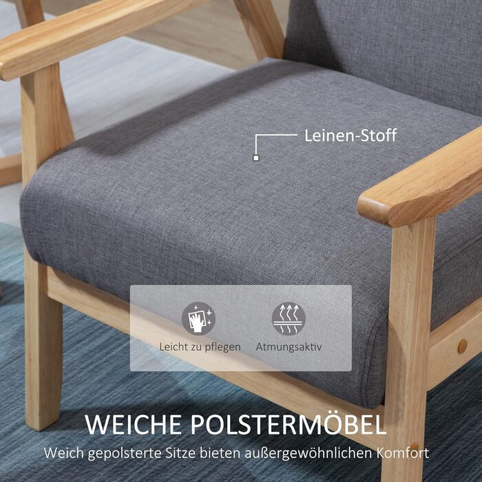 Крісло HOMCOM з підлокітниками, обіднє крісло, розслаблююче крісло з лляним виглядом, м&39яке крісло для вітальні, спальні, каркас з масиву дерева, 64 x 70 x 72 см, сірий