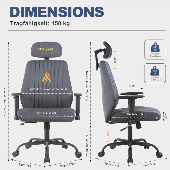 Розкішне офісне крісло Symino, ергономічне ігрове крісло, функція гойдання та регульоване по висоті поворотне крісло, крісло для домашнього офісу, крісло для столу, крісло керівника та комп&39ютерне крісло, 150 кг (імітація замші, сірий) Імітація замші, с