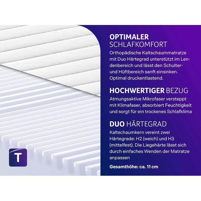 Матрац Traumnacht Easy Comfort Duo з холодної піни 90x200 см H2 та H3 Ергономічний та повітропроникний Сертифіковано Oeko-Tex Висота 11 см Гіпоалергенний та антибактеріальний Німецький стандарт якості, рівень жорсткості H2 (м&39який) H3 (середньо-жорсткий