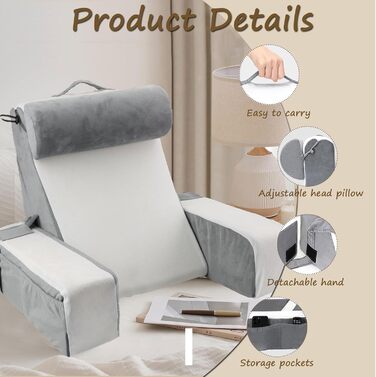 Велика подушка для читання для ліжка та дивана, подушка для спини дорослого з підлокітниками та ергономічною подушкою для спини з кишенею та чохлом, який можна прати, для відпочинку, читання та перегляду телевізора (білий колір)