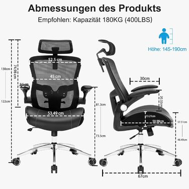Офісний стілець 180 кг, ергономічний стілець для столу, комп&39ютерний стілець, обертовий стілець, офісні стільці, сітчастий стілець з регульованим підголівником, поперековою опорою, відкидними підлокітниками та латексною подушкою сидіння