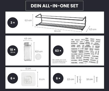 Підставка для спецій з 18 банками - Для підвішування на стіну та дверцята шафи - Не потребує свердління - Підвісний органайзер для спецій з кришками з нержавіючої сталі