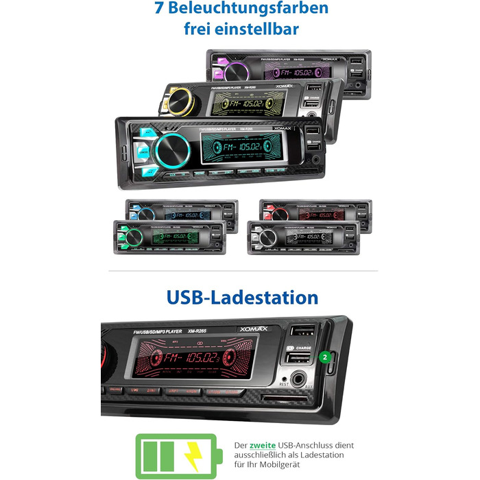 Автомагнітола XOMAX XM-R265 з системою гучного зв'язку Bluetooth I Функція заряджання смартфона через 2-й USB-порт I Carbon Optic I 7 світлодіодів з регулюванням кольорів I RDS I USB, SD, MP3, AUX I 1 DIN