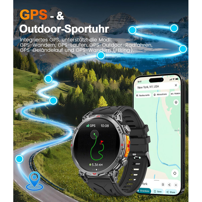 Військовий смарт-годинник для чоловіків, спортивний GPS-годинник з 1,6-дюймовим AMOLED HD-дисплеєм, функціями телефону/чату/GPT/AI/5 спортивних режимів GPS/100 спортивних режимів, фітнес-годинник для Android та iOS (чорний)
