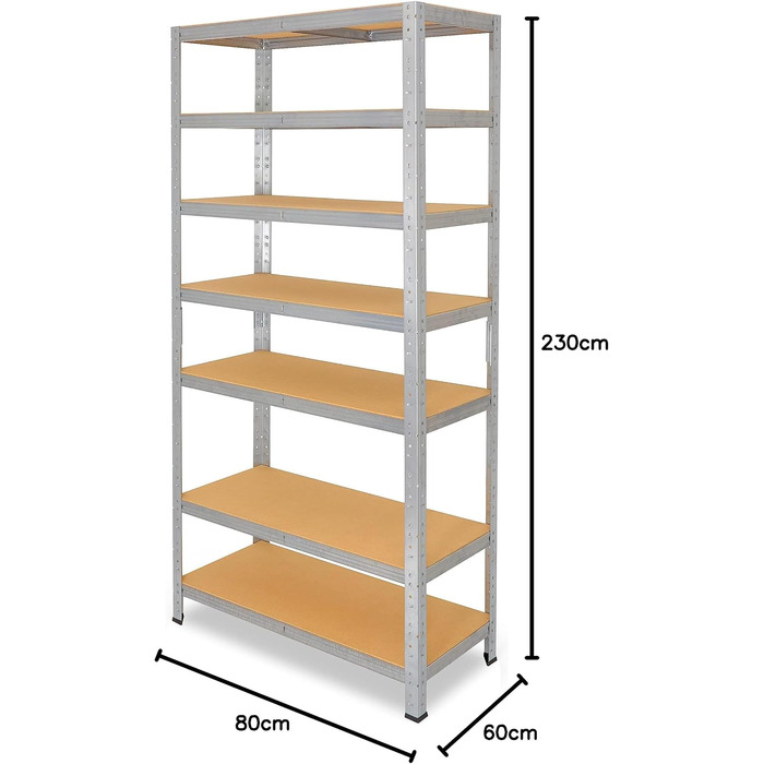Міцний домашній стелаж, оцинкований/металевий стелаж з 7 полицями/металевий стелаж для підвалу, гаражний стелаж, стелаж для майстерні або стелаж для зберігання/змішаний металевий стелаж з вантажопідйомністю 125 кг В 230 см / Ш 80 см / Г 60 см, 230x80x60