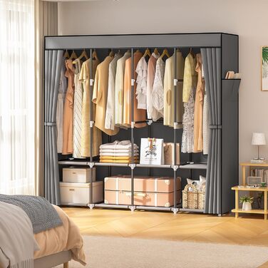 Шафа, тканинна шафа з 4 рейками для одягу, міцна та з 8 відділеннями, складна гардеробна шафа для зберігання одягу в гардеробній спальні (сіра)