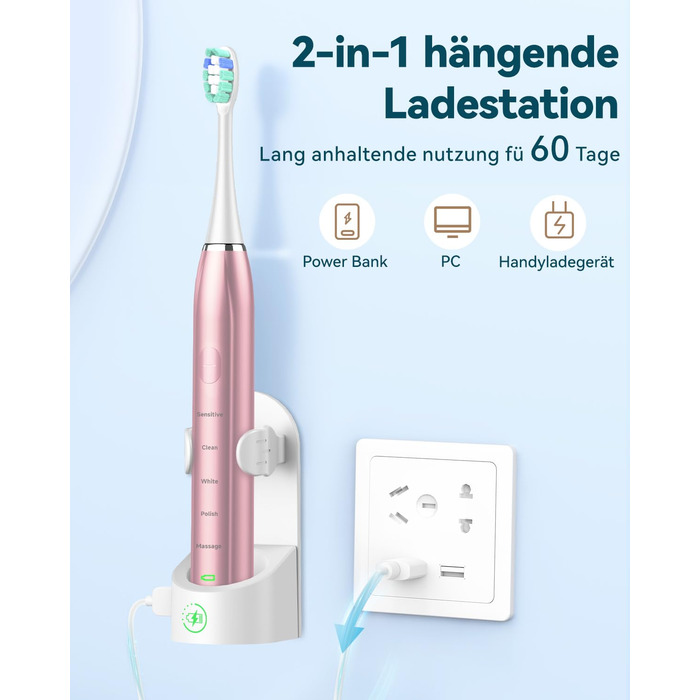 Електрична звукова зубна щітка для дорослих - відбілююча ультразвукова електрична зубна щітка з дорожнім кейсом та зарядною станцією, з 8 насадками, 5 режимами чищення, рожеве золото