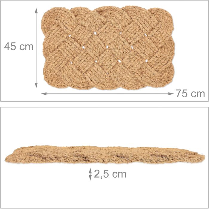 Килимок для дверей Relaxdays Coconut, з вузлуватим візерунком, 75 x 45 см, ручної роботи, двосторонній, натуральний