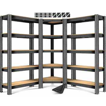 Комплект металевих стелажів MASKO з 3 предметів 1 кутова полиця та 2 стелажі, по 15 полиць кожен Полиця з МДФ панелей, вантажопідйомність 2625 кг, полиця для майстерні, полиця для підвалу, полиця для гаража, надміцні стелажі, стелаж без болтів, чорний