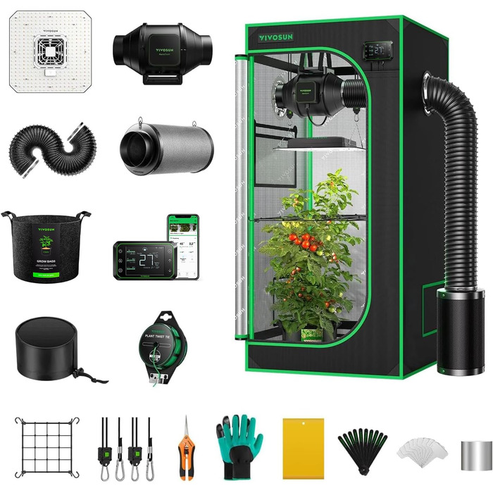 Розумна система наметів для вирощування VIVOSUN GIY 60 x 60 см, комплект наметів для вирощування з інтегрованим Wi-Fi, автоматичною вентиляцією та циркуляцією, світлодіодним освітленням повного спектру 100 Вт і контролером GrowHub E42A